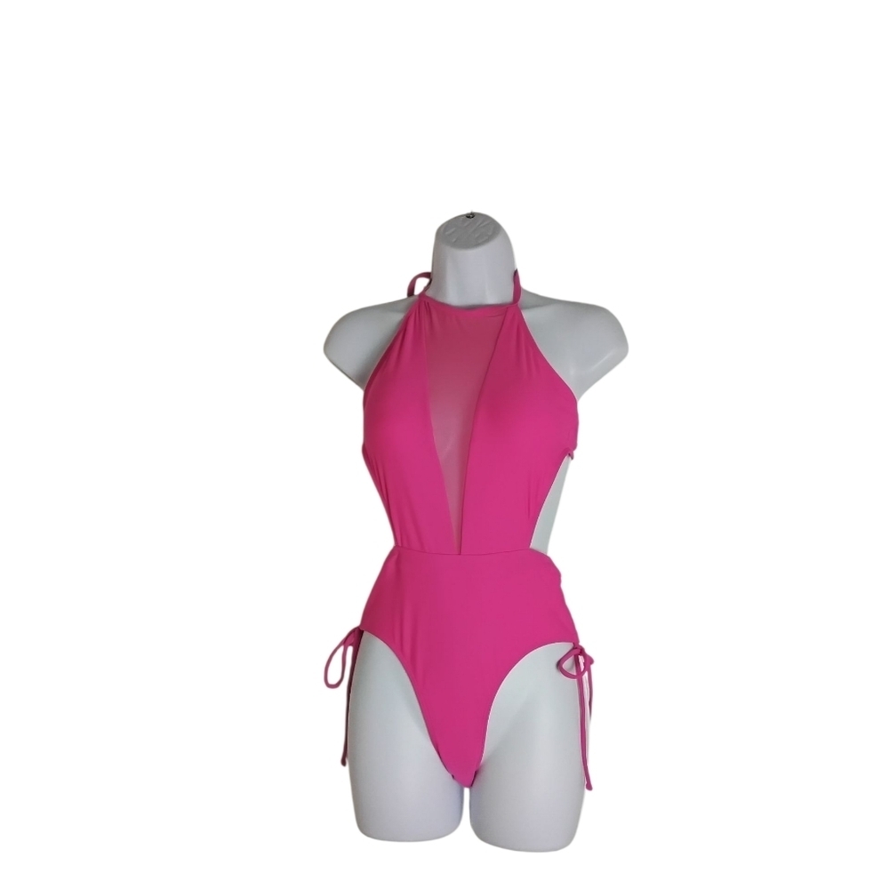 Al'mage Women's Hot Pink One Piece Swimsuit Mesh Halter Drawstring.…